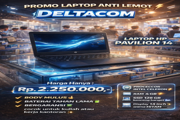 HP PAVILION 14 , TYPE BARU BODY SLIM, PROSESOR INTEL CELERON MEMORY RAM 4 GB STORAGE SSD 128 GB DISPLAY 14 INCH MULUS , WARNAH HITAM ,LECET SDIKIT,